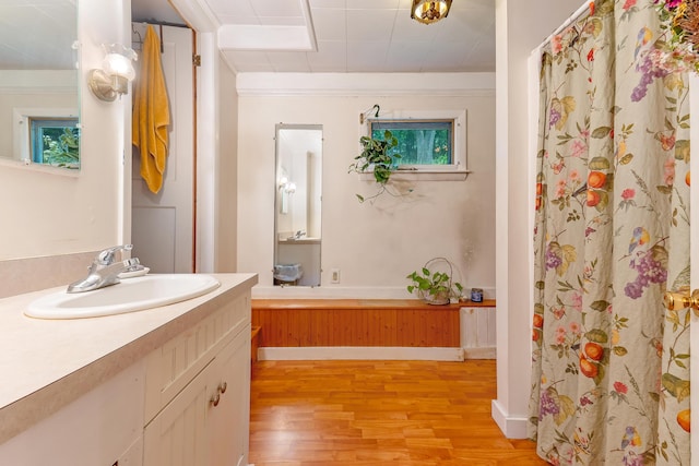 131 River Rd, Newcastle, ME 04553 - bathroom with wood finished floors, vanity, and a shower with shower curtain