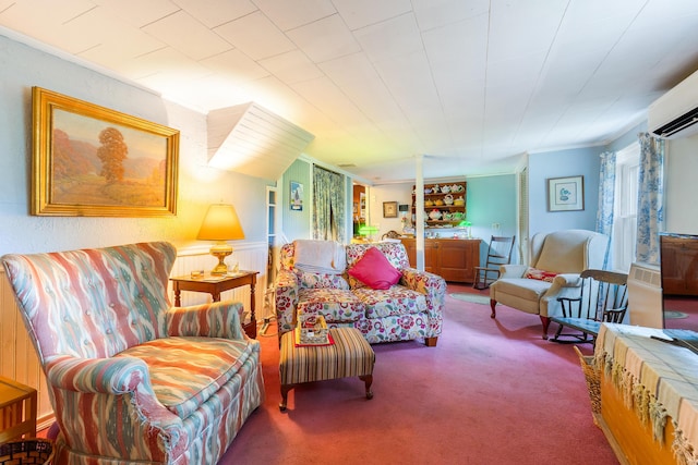 131 River Rd, Newcastle, ME 04553 - living area with carpet floors, a wall mounted AC, ornamental molding, and wainscoting