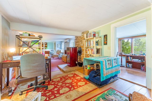 131 River Rd, Newcastle, ME 04553 - office space with a wall mounted AC, ornamental molding, and wood finished floors