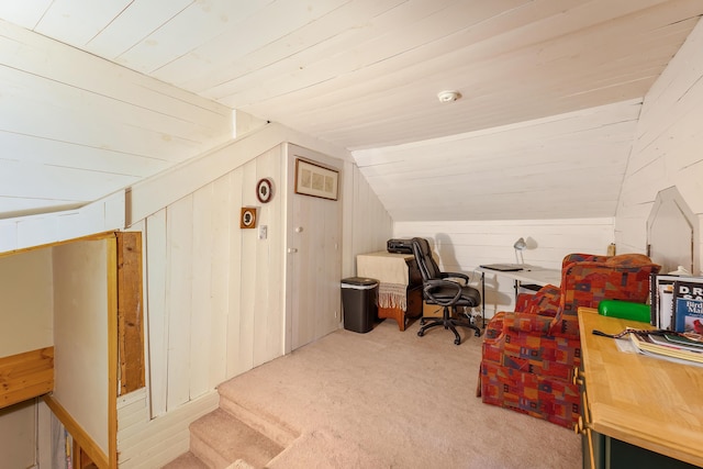 131 River Rd, Newcastle, ME 04553 - carpeted home office featuring lofted ceiling, wood walls, and wood ceiling