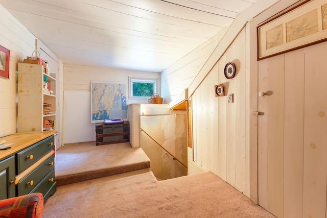 131 River Rd, Newcastle, ME 04553 - hall featuring carpet floors, wooden walls, and an upstairs landing