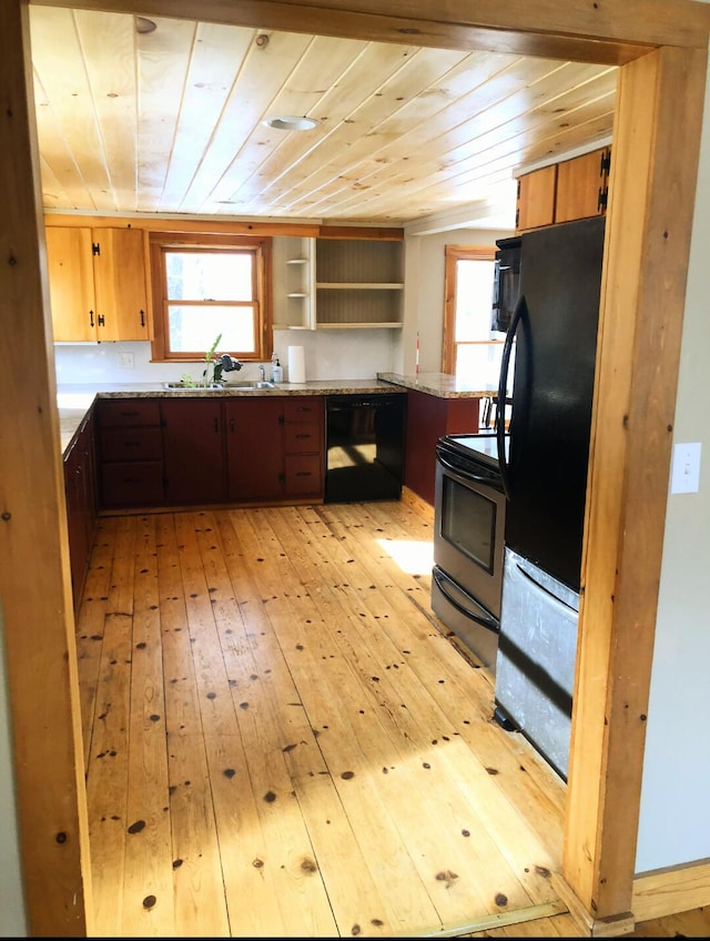 120 Sunday River Rd, Bethel, ME 04217 - kitchen with black appliances, light wood-style flooring, open shelves, wooden ceiling, and brown cabinets