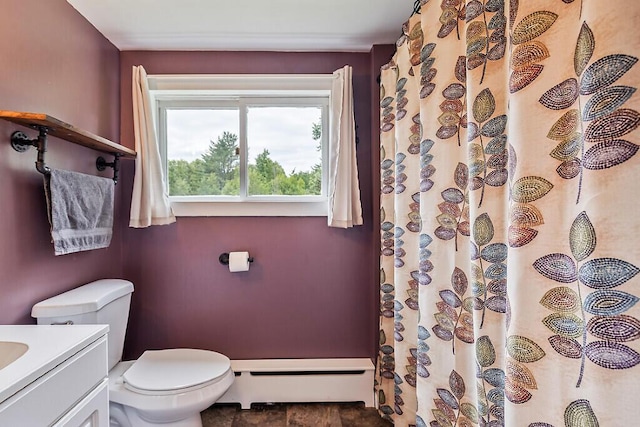77 W River Rd, Waterville, ME 04901 - full bathroom featuring a baseboard radiator, vanity, and curtained shower