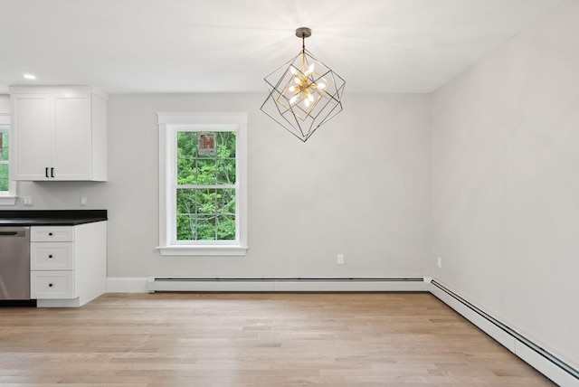 127 Bond Brook Rd, Augusta, ME 04330 - unfurnished dining area with a baseboard radiator, plenty of natural light, a chandelier, light wood-type flooring, and recessed lighting