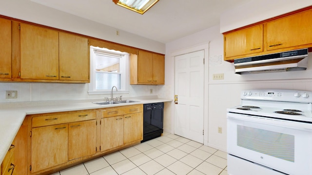 69 Androscoggin Ave, Lewiston, ME 04240 - kitchen featuring electric range, under cabinet range hood, black dishwasher, and light countertops