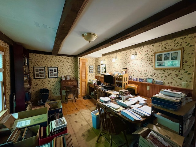 610 E Sangerville Rd, Sangerville, ME 04479 - office with light wood-type flooring, wallpapered walls, and beam ceiling