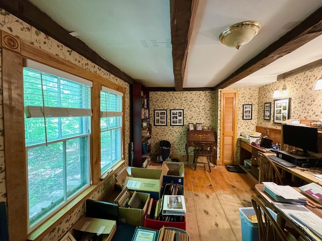 610 E Sangerville Rd, Sangerville, ME 04479 - home office with wallpapered walls, hardwood / wood-style flooring, and beamed ceiling