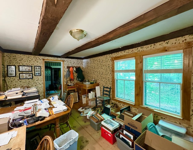 610 E Sangerville Rd, Sangerville, ME 04479 - office area with wood finished floors, beamed ceiling, and wallpapered walls