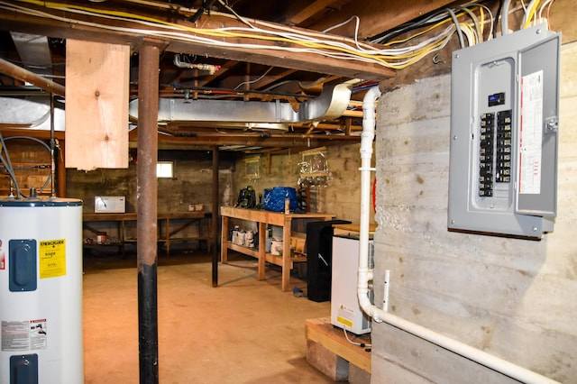 26 Elm St, Old Town, ME 04468 - unfinished below grade area featuring electric water heater and electric panel