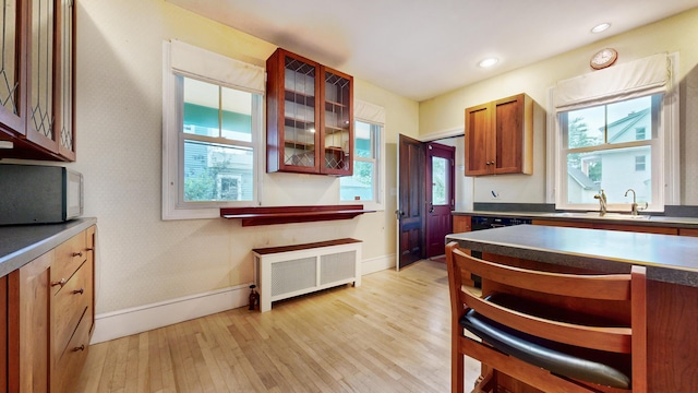 93 Fessenden St, Portland, ME 04103 - kitchen with radiator, plenty of natural light, black microwave, light wood-type flooring, and recessed lighting