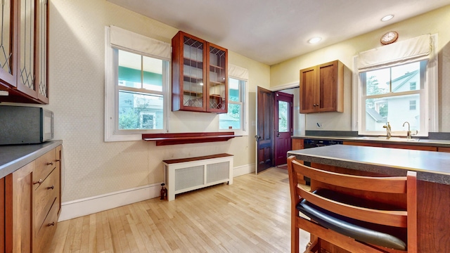 93 Fessenden St, Portland, ME 04103 - kitchen featuring radiator, light wood-style floors, black microwave, glass insert cabinets, and dark countertops