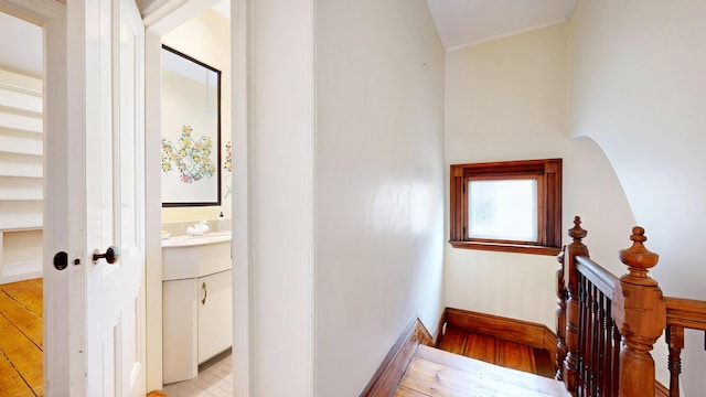 93 Fessenden St, Portland, ME 04103 - stairway with wood finished floors and crown molding