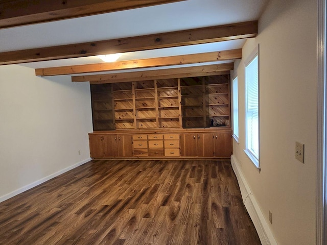 411 Augusta Rd, Belgrade, ME 04917 - unfurnished living room featuring beamed ceiling, a baseboard radiator, and dark wood-style flooring