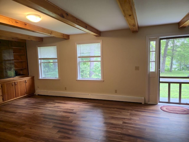 411 Augusta Rd, Belgrade, ME 04917 - unfurnished living room featuring beamed ceiling, dark wood-type flooring, and a baseboard radiator