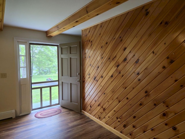 411 Augusta Rd, Belgrade, ME 04917 - foyer entrance with beam ceiling, wood finished floors, and wooden walls
