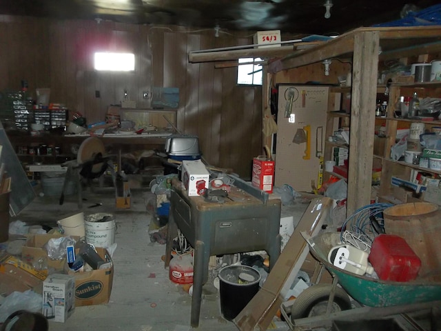 7 Clark St, Calais, ME 04619 - basement with healthy amount of natural light, a workshop area, and wooden walls