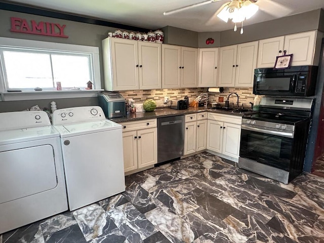 31 Blake St, Brewer, ME 04412 - kitchen with appliances with stainless steel finishes, washer and dryer, tasteful backsplash, and dark countertops