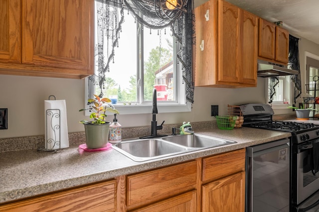 230 W Old Main Rd, Lowell, ME 04493 - kitchen featuring stainless steel gas range oven, under cabinet range hood, dishwasher, and plenty of natural light