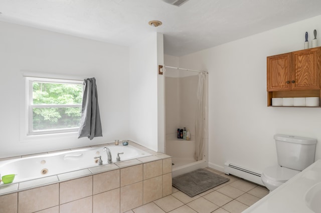 230 W Old Main Rd, Lowell, ME 04493 - bathroom with baseboard heating, a jetted tub, tile patterned floors, and curtained shower