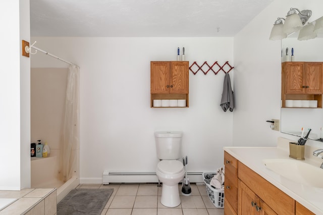 230 W Old Main Rd, Lowell, ME 04493 - bathroom featuring baseboard heating, vanity, tile patterned floors, and a shower with curtain