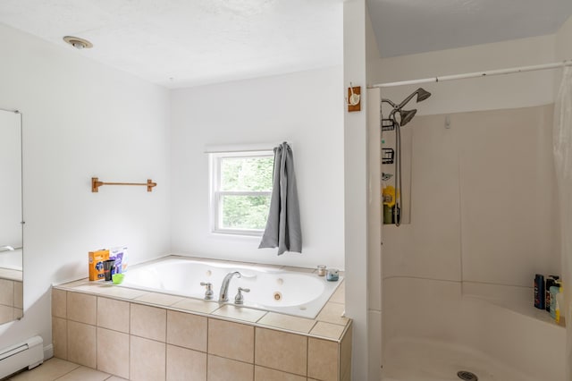 230 W Old Main Rd, Lowell, ME 04493 - bathroom with a baseboard radiator, a whirlpool tub, a shower stall, and tile patterned floors