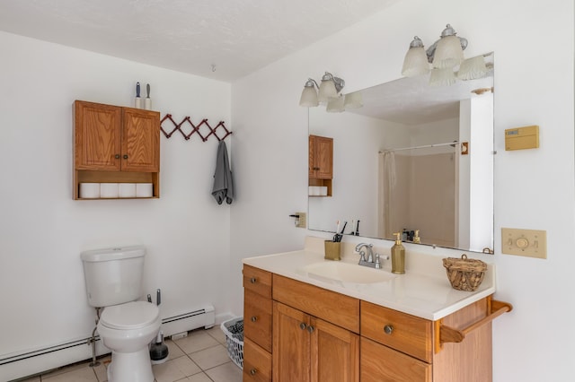 230 W Old Main Rd, Lowell, ME 04493 - full bath featuring a baseboard radiator, vanity, tile patterned floors, and a shower with curtain