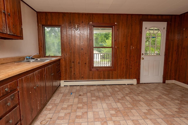 180 Lawrence St, Dover-Foxcroft, ME 04426 - entryway featuring a baseboard heating unit, plenty of natural light, wooden walls, and brick patterned floors