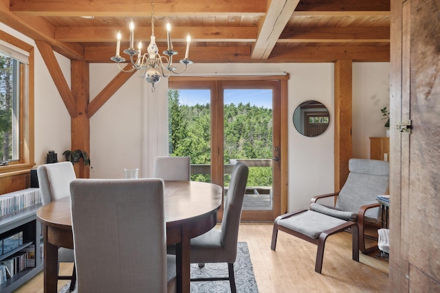 911 Orion Point Way, Harpswell, ME 04079 - dining area featuring a wood ceiling with exposed beams, plenty of natural light, light wood-style floors, and a chandelier