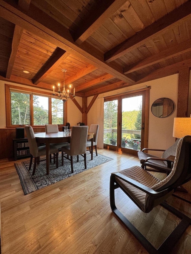 911 Orion Point Way, Harpswell, ME 04079 - dining space with a wooden ceiling with exposed beams, plenty of natural light, a chandelier, and wood finished floors