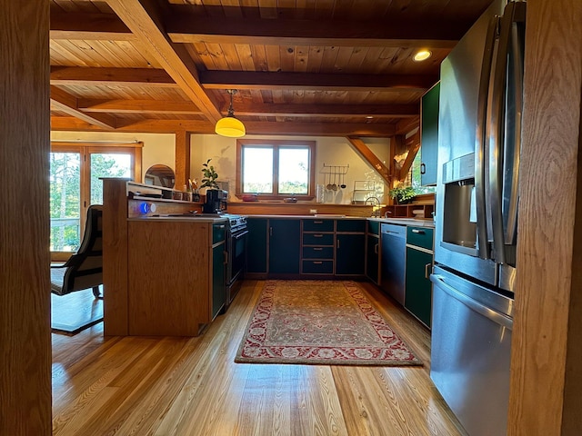 911 Orion Point Way, Harpswell, ME 04079 - kitchen with appliances with stainless steel finishes, a wood ceiling with exposed beams, light wood-type flooring, healthy amount of natural light, and blue cabinets