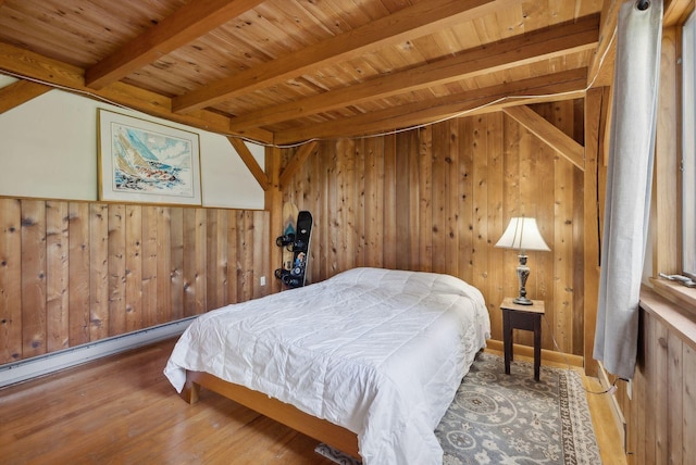 911 Orion Point Way, Harpswell, ME 04079 - bedroom featuring wooden walls, wood finished floors, a wood ceiling with exposed beams, and a baseboard radiator