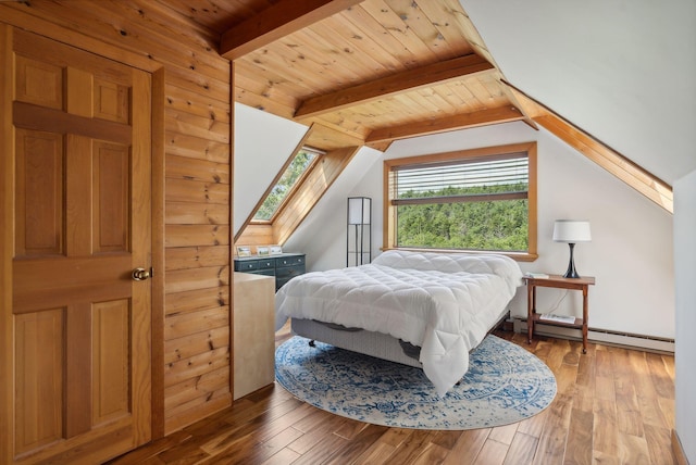 911 Orion Point Way, Harpswell, ME 04079 - bedroom with a baseboard heating unit, hardwood / wood-style flooring, and wood ceiling