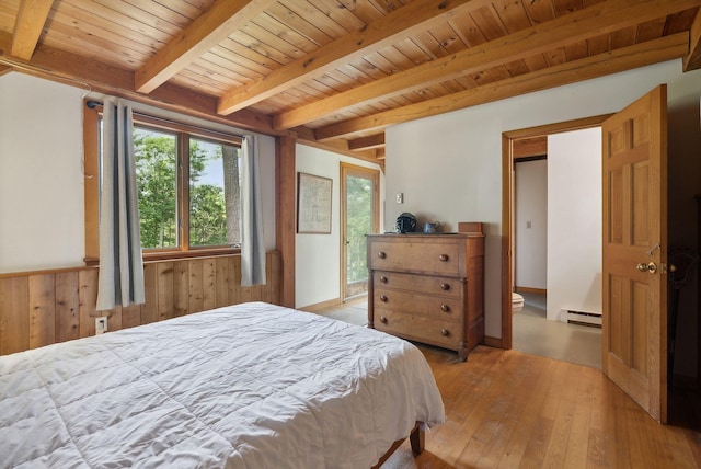 911 Orion Point Way, Harpswell, ME 04079 - bedroom featuring a baseboard radiator, a wooden ceiling with exposed beams, light wood-style floors, and wood walls