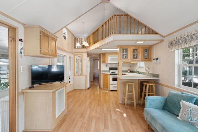 191 Tatnic Rd Unit 74, Wells, ME 04090 - kitchen with white appliances, light wood finished floors, glass insert cabinets, a breakfast bar, and a peninsula