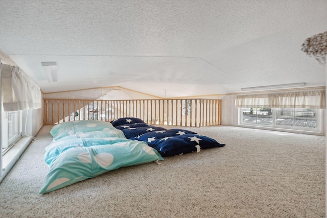 191 Tatnic Rd Unit 74, Wells, ME 04090 - bedroom with carpet floors, lofted ceiling, and a textured ceiling