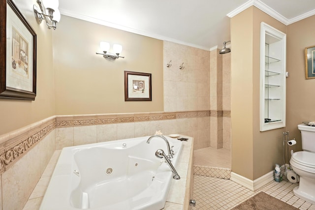 43 Green St, Augusta, ME 04330 - bathroom with a whirlpool tub, a tile shower, tile patterned flooring, and crown molding