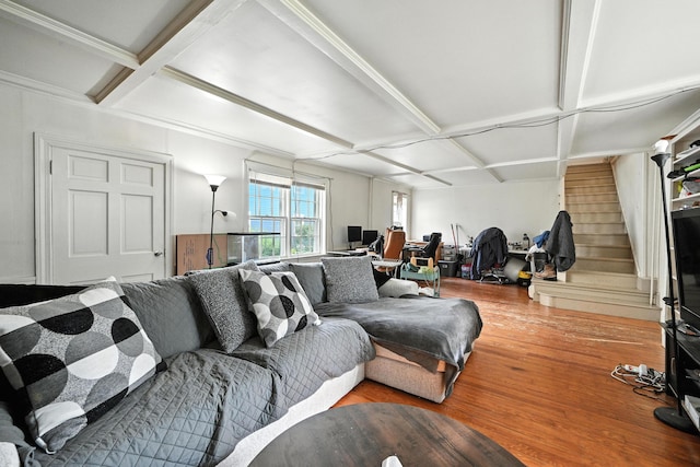 43 Green St, Augusta, ME 04330 - living room with wood finished floors, coffered ceiling, and stairway