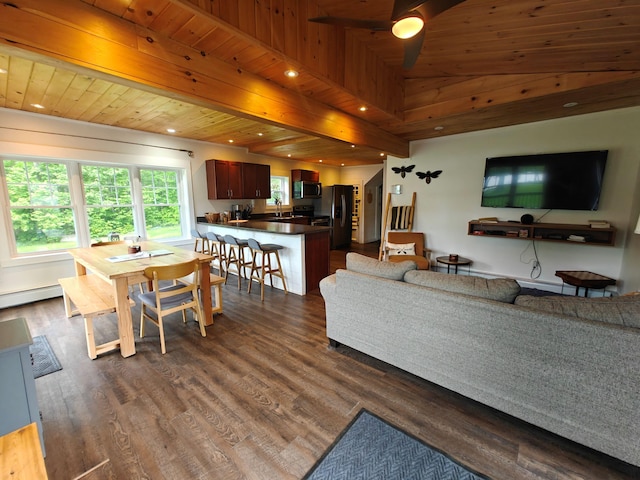 48 Sebasticook Ave, Newport, ME 04953 - living area with a wooden ceiling with exposed beams, recessed lighting, dark wood-type flooring, and a baseboard radiator
