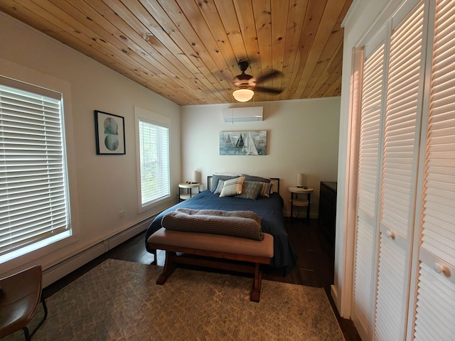 48 Sebasticook Ave, Newport, ME 04953 - bedroom featuring wood finished floors, a wall mounted AC, and wood ceiling