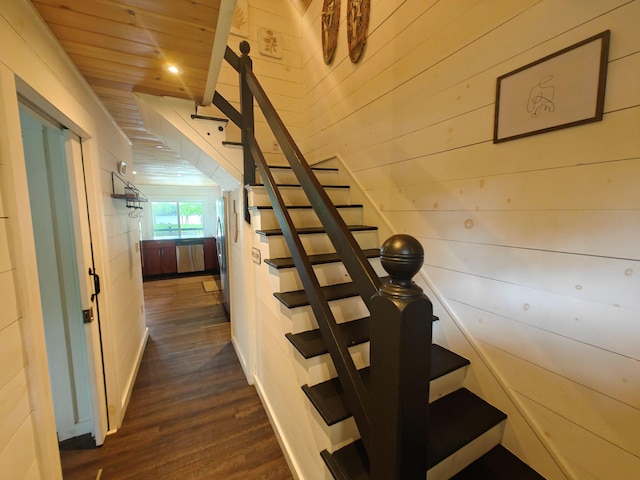 48 Sebasticook Ave, Newport, ME 04953 - stairway with wood finished floors, wood walls, recessed lighting, and wood ceiling