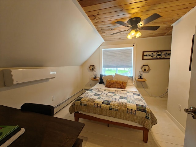 48 Sebasticook Ave, Newport, ME 04953 - bedroom featuring lofted ceiling, baseboard heating, a wall mounted air conditioner, wood ceiling, and a ceiling fan