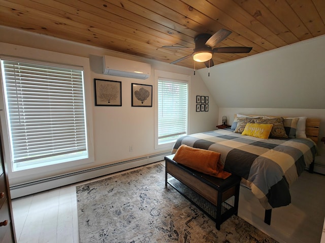 48 Sebasticook Ave, Newport, ME 04953 - bedroom with an AC wall unit, a baseboard heating unit, wooden ceiling, vaulted ceiling, and ceiling fan