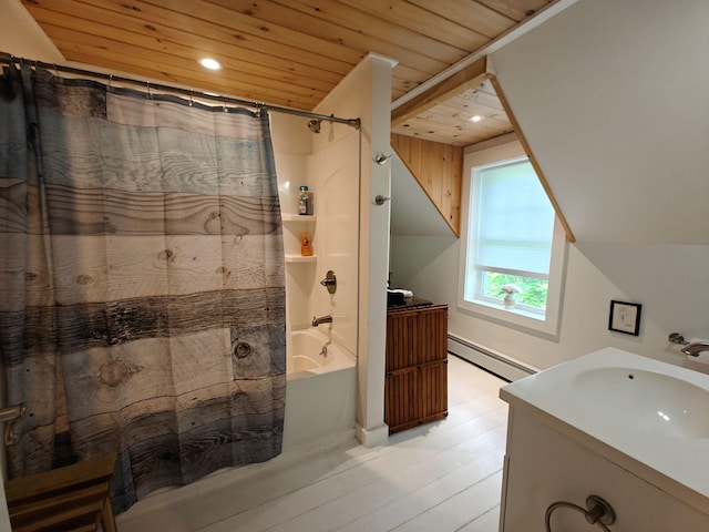 48 Sebasticook Ave, Newport, ME 04953 - bathroom with a baseboard heating unit, shower / bathtub combination with curtain, wooden ceiling, vanity, and wood finished floors