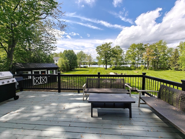 48 Sebasticook Ave, Newport, ME 04953 - wooden terrace featuring a yard and a storage unit