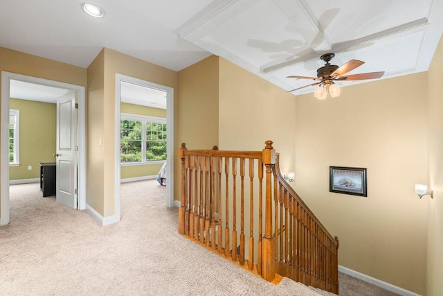 38 Harvest Hill Ln Unit 38, Auburn, ME 04210 - corridor with an upstairs landing, carpet, coffered ceiling, beamed ceiling, and recessed lighting