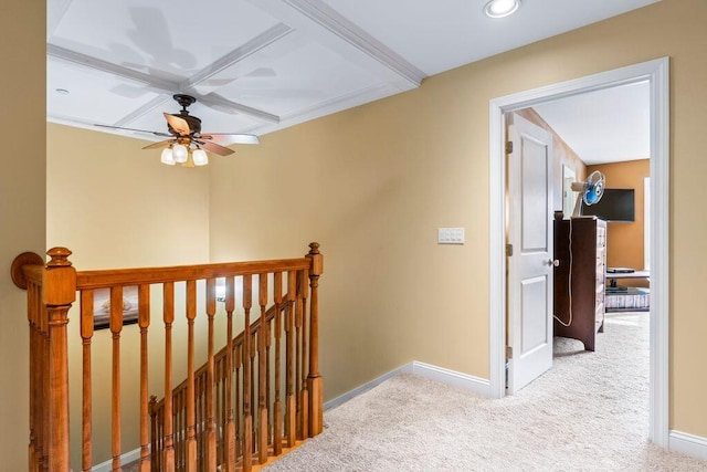38 Harvest Hill Ln Unit 38, Auburn, ME 04210 - hall with an upstairs landing, carpet flooring, coffered ceiling, recessed lighting, and beamed ceiling