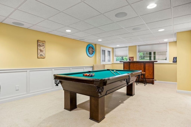 38 Harvest Hill Ln Unit 38, Auburn, ME 04210 - game room with light carpet, billiards, a drop ceiling, a dry bar, and a wainscoted wall