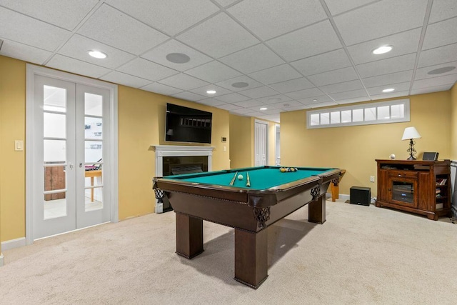 38 Harvest Hill Ln Unit 38, Auburn, ME 04210 - rec room featuring carpet floors, pool table, recessed lighting, a fireplace, and a paneled ceiling