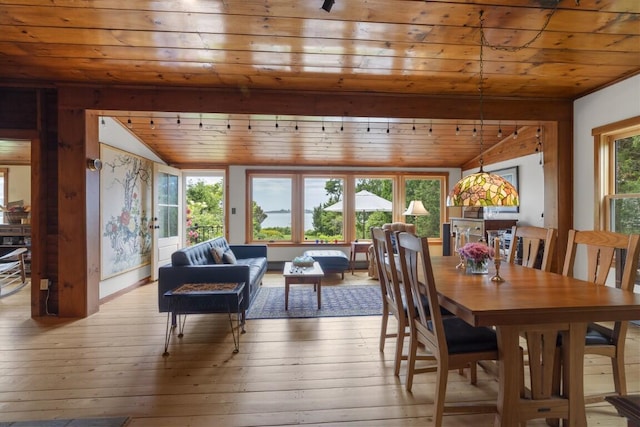 1 Grimes Ave, Boothbay, ME 04544 - dining space with wood ceiling, lofted ceiling, and hardwood / wood-style flooring