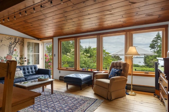 1 Grimes Ave, Boothbay, ME 04544 - sunroom / solarium with lofted ceiling, track lighting, and a baseboard heating unit